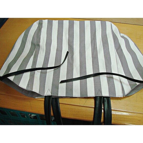 Victorias Secret Striped Canvas Tote Bag Gray White Beach Travel Weekender Book - Picture 5 of 12